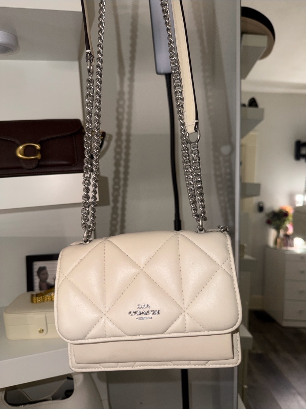 Coach Quilted Cream Leather Crossbody with Silver Chain